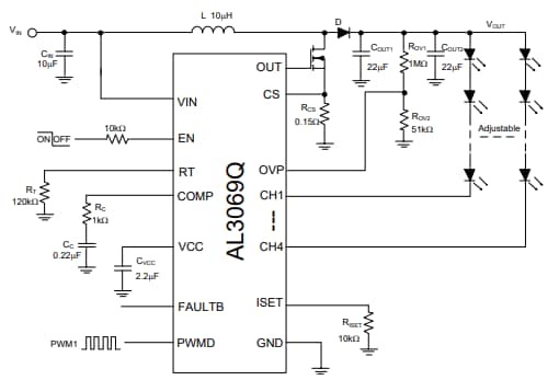 Applikations-Schaltungsdiagramm - Diodes Incorporated AL3069Q Display-LED-Hintergrundbeleuchtungstreiber für Fahrzeuganwendungen